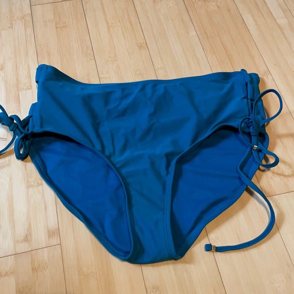 High waisted teal bathing suit bottom with strings